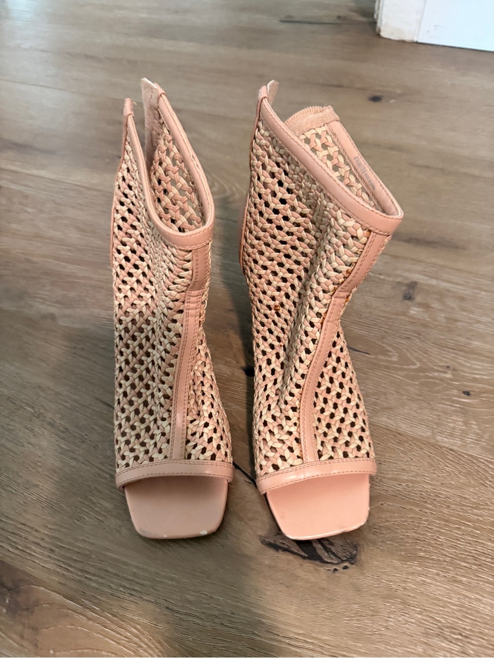 Vince Camuto Woven Peep-Toe Booties in Blush Pink